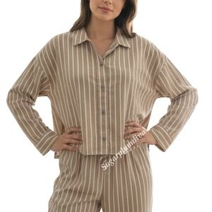 Everlane The Woven PJ‎ Top Cropped Pajama Shirt XSMALL Brown Striped Cotton Boxy